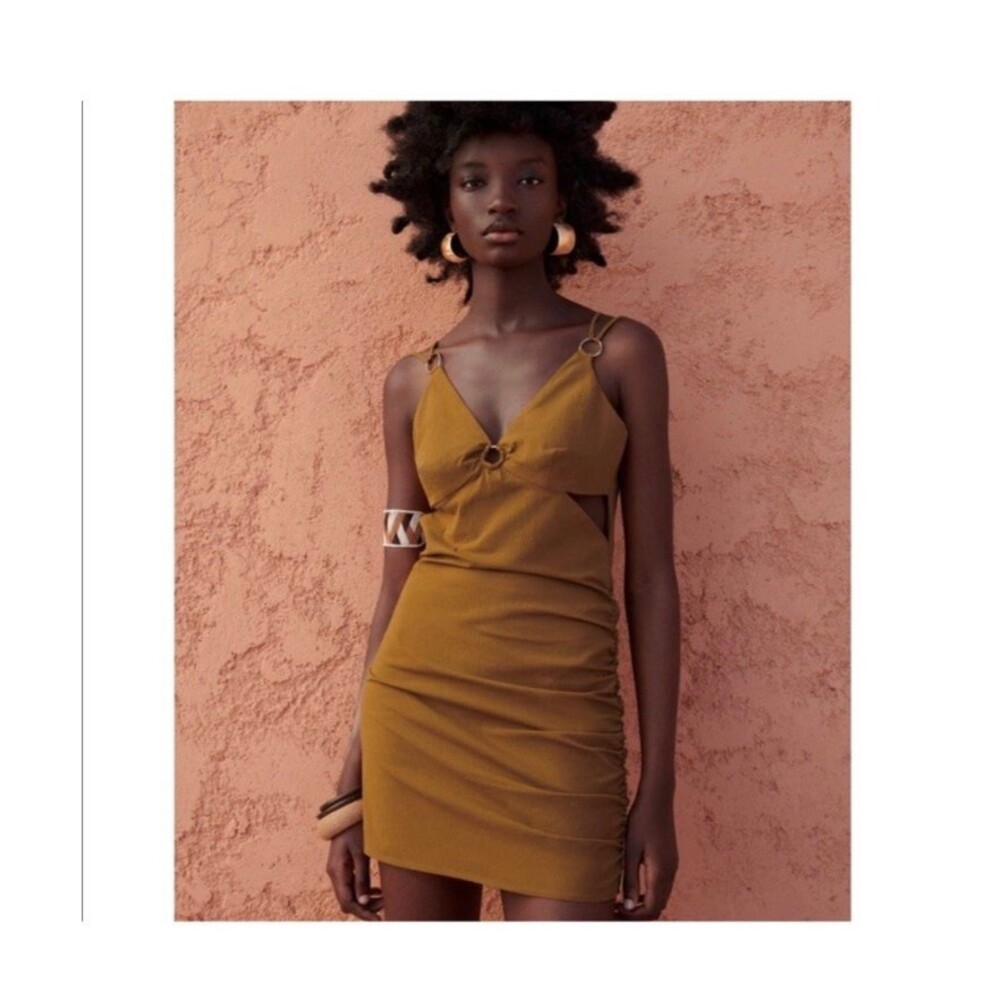 Zara Women's Cut-Out Rushed Stretchy Mini Dress Mustard M Graduation Boho Sunset